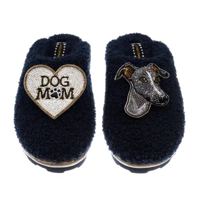 Laines London Women's Blue Teddy Closed Toe Slippers With Vinny Italian Greyhound & Dog Mum / Mom Brooches - Navy