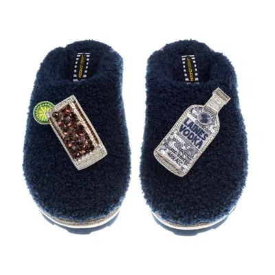 Laines London Women's Blue Teddy Closed Toe Slippers With Vodka & Coke Brooches - Navy