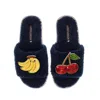 Laines London Women's Blue Teddy Slider Slippers With Laines Loveables Banana & Cherry Brooches - Navy In Blue