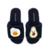Laines London Women's Blue Teddy Slider Slippers With Laines Loveables Egg & Avocado Brooches - Navy In Blue