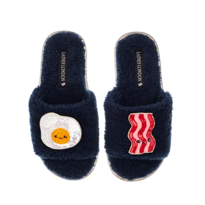 Laines London Women's Blue Teddy Slider Slippers With Laines Loveables Egg & Bacon Brooches - Navy