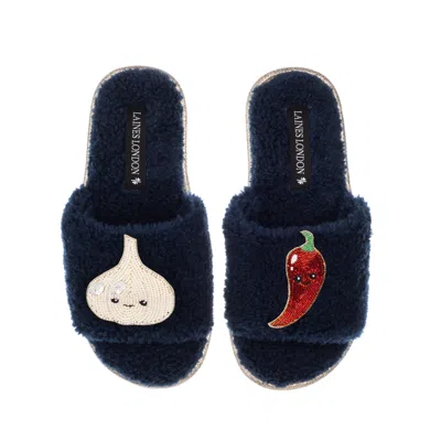 Laines London Women's Blue Teddy Slider Slippers With Laines Loveables Garlic & Chilli Brooches - Navy