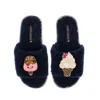 Laines London Women's Blue Teddy Slider Slippers With Laines Loveables Ice Lolly & Ice Cream Brooches - Navy In Blue