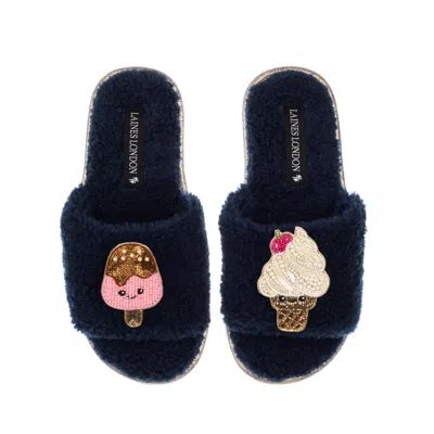 Laines London Women's Blue Teddy Slider Slippers With Laines Loveables Ice Lolly & Ice Cream Brooches - Navy