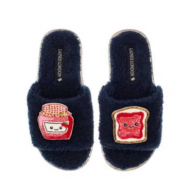 Laines London Women's Blue Teddy Slider Slippers With Laines Loveables Jam & Toast Brooches - Navy