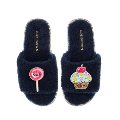 Laines London Women's Blue Teddy Slider Slippers With Laines Loveables Lollipop & Cupcake Brooches - Navy