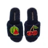 Laines London Women's Blue Teddy Slider Slippers With Laines Loveables Watermelon & Cherry Brooches - Navy In Blue