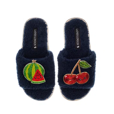Laines London Women's Blue Teddy Slider Slippers With Laines Loveables Watermelon & Cherry Brooches - Navy