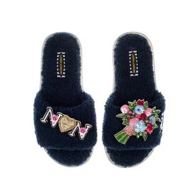 Laines London Women's Blue Teddy Toweling Mother's Day Slipper Sliders With Bouquet & Nan Brooches - Navy