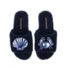 Laines London Women's Blue Teddy Toweling Slipper Slider With Mediterranean Shell & Crab Brooches - Navy In Blue