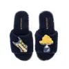 Laines London Women's Blue Teddy Toweling Slipper Slider With Mediterranean Swim Suit & Lemon Brooches - Navy In Blue