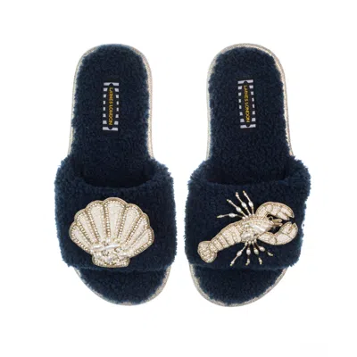 Laines London Women's Blue Teddy Toweling Slipper Sliders With Beaded Shell & Lobster Brooches - Navy