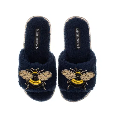 Laines London Women's Blue Teddy Toweling Slipper Sliders With Double Honeybee Brooches - Navy