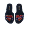 Laines London Women's Blue Teddy Toweling Slipper Sliders With Fuck You Brooches - Navy In Blue