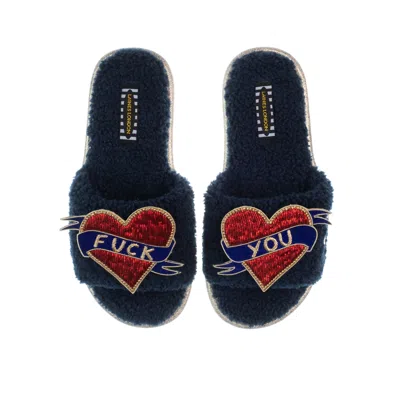 Laines London Women's Blue Teddy Toweling Slipper Sliders With Fuck You Brooches - Navy