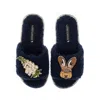 Laines London Women's Blue Teddy Toweling Slipper Sliders With Hare & White Foxglove Flower Brooches - Navy In Blue