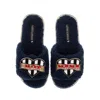 Laines London Women's Blue Teddy Towelling Slipper Sliders With Hot Mama Brooches - Navy In Blue