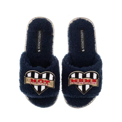 Laines London Women's Blue Teddy Towelling Slipper Sliders With Hot Mama Brooches - Navy