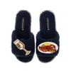 Laines London Women's Blue Teddy Toweling Slipper Sliders With Lobster Platter & Glass Of Bubbles Brooches - Navy In Blue