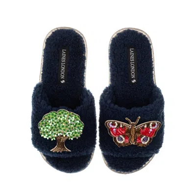 Laines London Women's Blue Teddy Toweling Slipper Sliders With Oak Tree & Butterfly Brooches - Navy