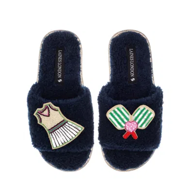 Laines London Women's Blue Teddy Toweling Slipper Sliders With Pickleball Brooches - Navy