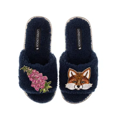 Laines London Women's Blue Teddy Toweling Slipper Sliders With Pink Foxglove Flowers & Fox Brooches - Navy
