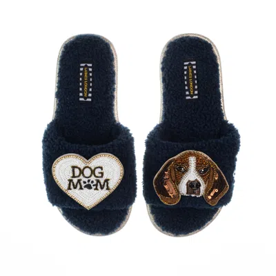 Laines London Women's Blue Teddy Toweling Slippers With Beagle & Dog Mum /mom Brooches - Navy