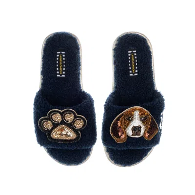 Laines London Women's Blue Teddy Toweling Slippers With Beagle & Paw Brooches - Navy