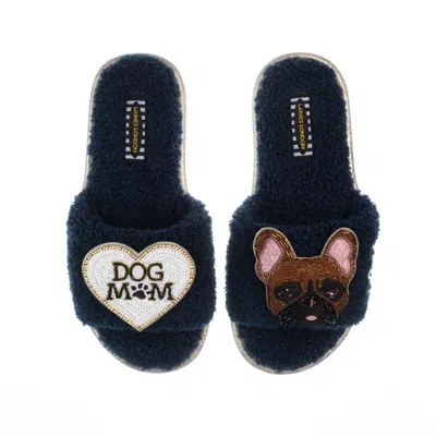 Laines London Women's Blue Teddy Toweling Slippers With Cookie The Frenchie & Dog Mum /mom Brooches - Navy