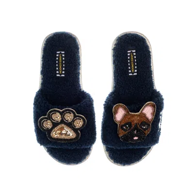 Laines London Women's Blue Teddy Toweling Slippers With Cookie The Frenchie & Paw Brooches - Navy