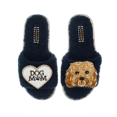 Laines London Women's Blue Teddy Toweling Slippers With Enki-doo The Cockapoo & Dog Mum /mom Brooches - Navy
