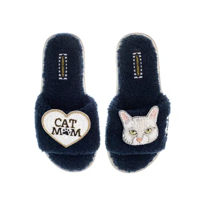Laines London Women's Blue Teddy Toweling Slippers With Lily Cat & Cat Mom / Mum Brooches - Navy