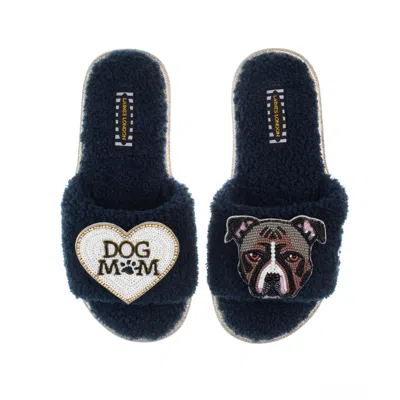 Laines London Women's Blue Teddy Toweling Slippers With Luna-rose Staffy & Dog Mum /mom Brooches - Navy