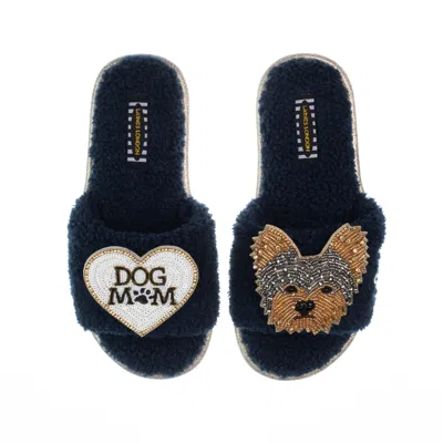 Laines London Women's Blue Teddy Toweling Slippers With Minnie Yorkie & Dog Mum /mom Brooches - Navy