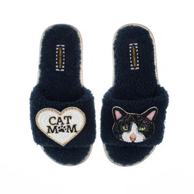 Laines London Women's Blue Teddy Toweling Slippers With Oreo & Cat Mom / Mum Brooches - Navy