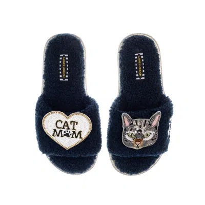 Laines London Women's Blue Teddy Toweling Slippers With Pebbles Cat & Cat Mom / Mum Brooches - Navy