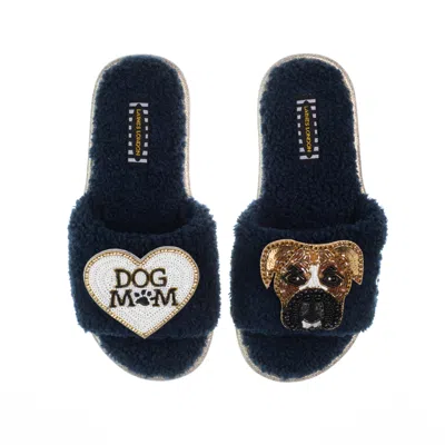 Laines London Women's Blue Teddy Toweling Slippers With Pip The Boxer & Dog Mum /mom Brooches - Navy