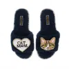Laines London Women's Blue Teddy Toweling Slippers With Tabby Cat & Cat Mom / Mum Brooches - Navy In Blue