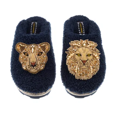 Laines London Women's Blue Teddy Towelling Closed Toe Slippers With Artisan Gold Lion & Lioness Brooches - Navy
