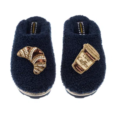 Laines London Women's Blue Teddy Towelling Closed Toe Slippers With Coffee & Croissant Brooches - Navy