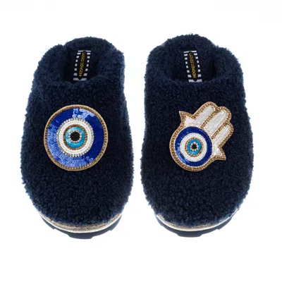 Laines London Women's Blue Teddy Towelling Closed Toe Slippers With Evil Eye & Hamsa Hand Brooches - Navy