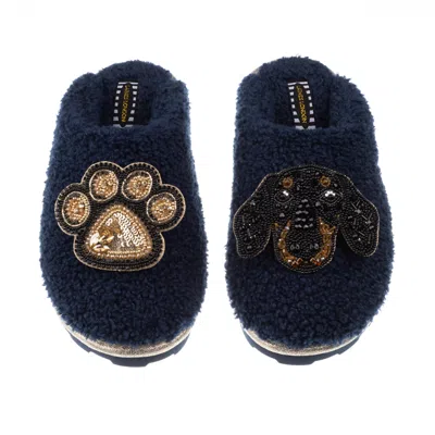 Laines London Women's Blue Teddy Towelling Closed Toe Slippers With Little Sausage & Paw Brooch - Navy