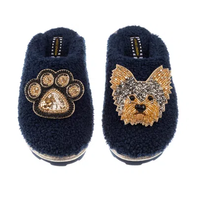 Laines London Women's Blue Teddy Towelling Closed Toe Slippers With Minnie Yorkie & Paw Brooches - Navy