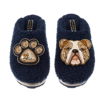 Laines London Women's Blue Teddy Towelling Closed Toe Slippers With Mr Beefy Bulldog & Paw Brooch - Navy