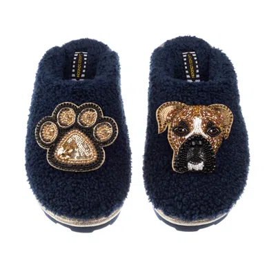 Laines London Women's Blue Teddy Towelling Closed Toe Slippers With Pip The Boxer & Paw Print Brooches - Navy