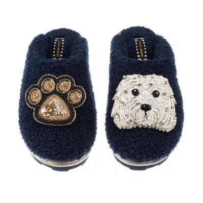 Laines London Women's Blue Teddy Towelling Closed Toe Slippers With Queenie & Paw Brooch - Navy