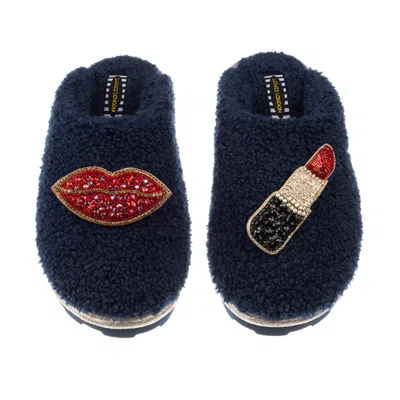 Laines London Women's Blue Teddy Towelling Closed Toe Slippers With Red & Gold Pucker Up Brooches - Navy