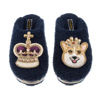 Laines London Women's Blue Teddy Towelling Closed Toe Slippers With Sandy The Corgi & Royal Crown Brooches - Navy