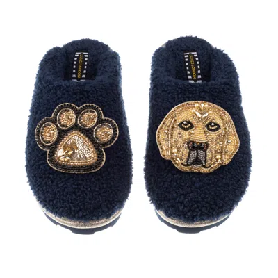 Laines London Women's Blue Teddy Towelling Closed Toe Slippers With Skip & Paw Brooch - Navy