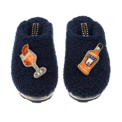 Laines London Women's Blue Teddy Towelling Closed Toe Slippers With Summer Spritz Brooches - Navy